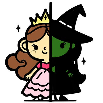 detailed split of a princess and a witch