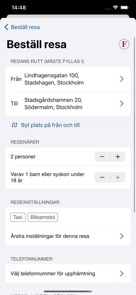 Booking screen of the Fardtjansten Stockholm app showing options for pickup location, destination, and passenger count.