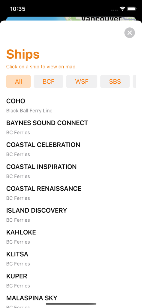 Ferry Watch app interface showing a list of ships and ferry operators