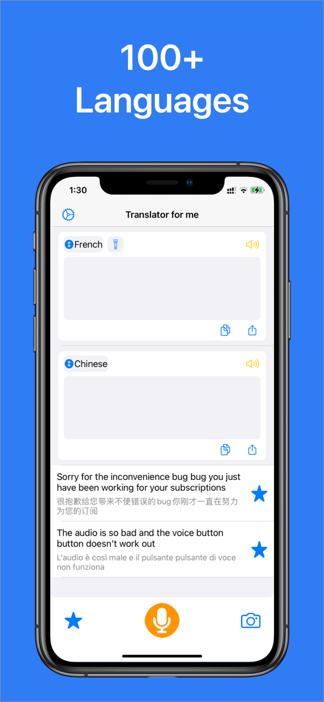 Screenshot dell'interfaccia dell'app Photo Translator che mostra le funzionalità per tradurre oltre cento lingue con opzioni vocali e fotografiche
