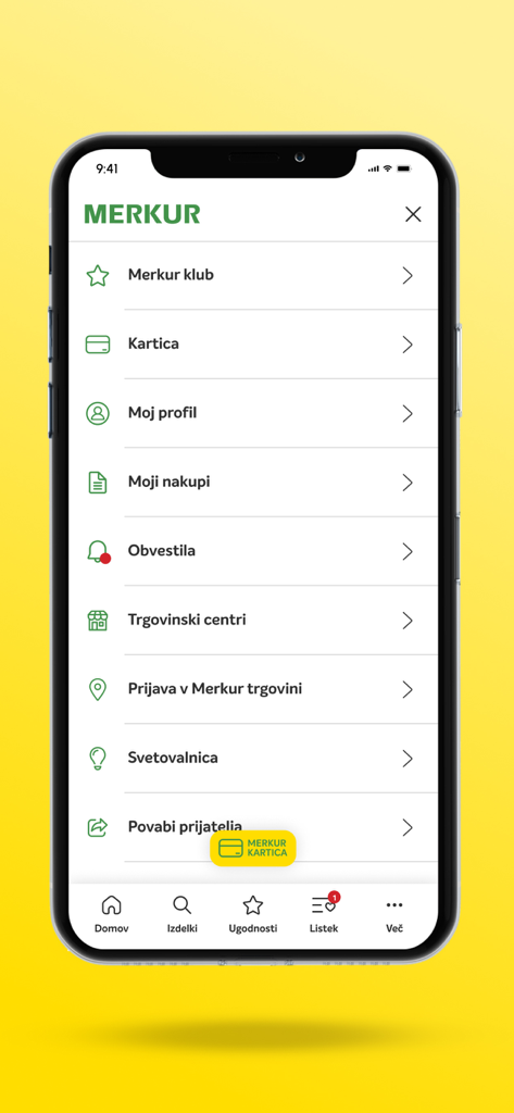 MERKUR Zate - Menu de navegação do aplicativo móvel MERKUR Zate exibindo configurações da conta, cartão de fidelidade e opções de histórico de compras.
