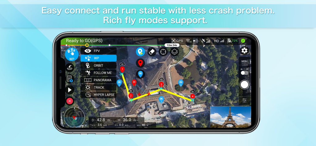 Rainbow for DJI Drones app interface showing a waypoint flight mission over the Eiffel Tower