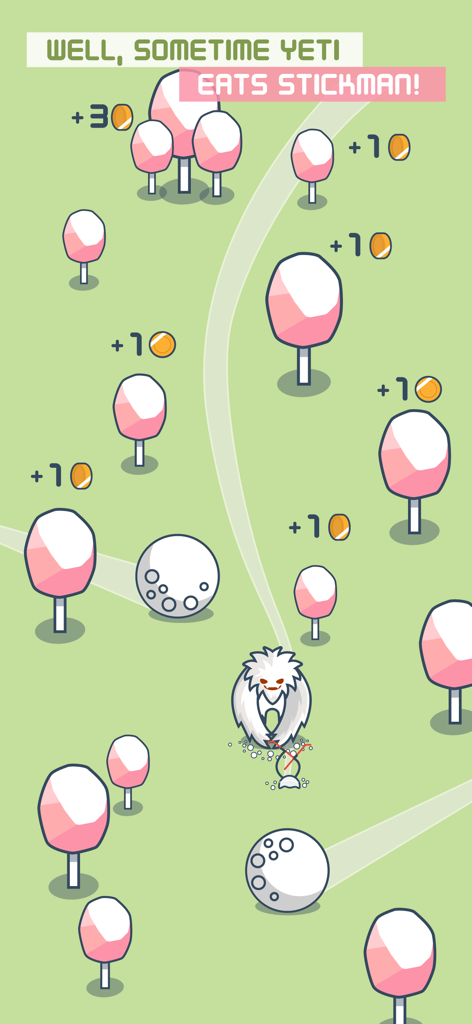 Yeti Ski: winter sport 4 watch - Ein Retro-Gameplay-Bildschirm von Yeti Ski, der eine Yeti-Figur zeigt, die inmitten von rosa Bäumen und Goldmünzen über einem Strichmännchen steht.