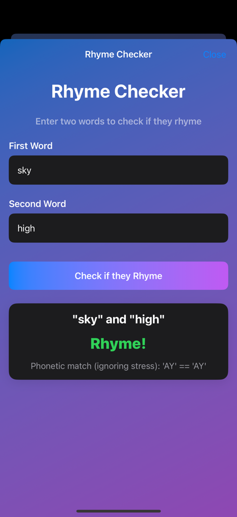 RhymeRally: Rhyming Word Game - Screenshot of the RhymeRally app Rhyme Checker tool confirming that the words sky and high rhyme