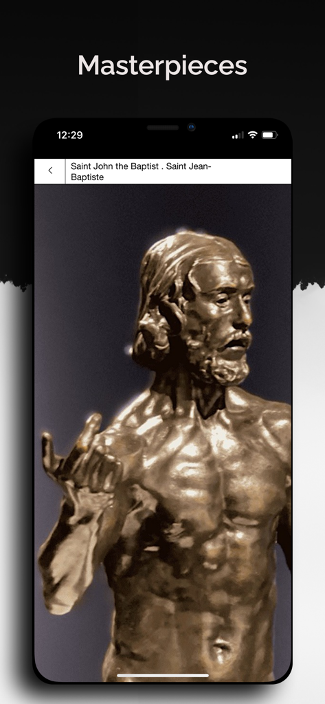 Saint John the Baptist sculpture displayed on the masterpiece screen of the Musee Rodin Audio app