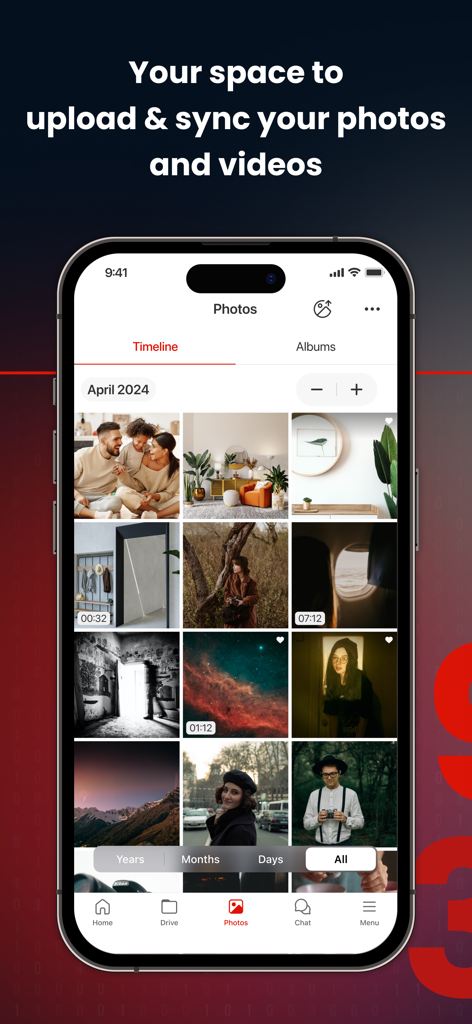 MEGA mobile app interface showing the photo gallery and sync features on an iPhone.