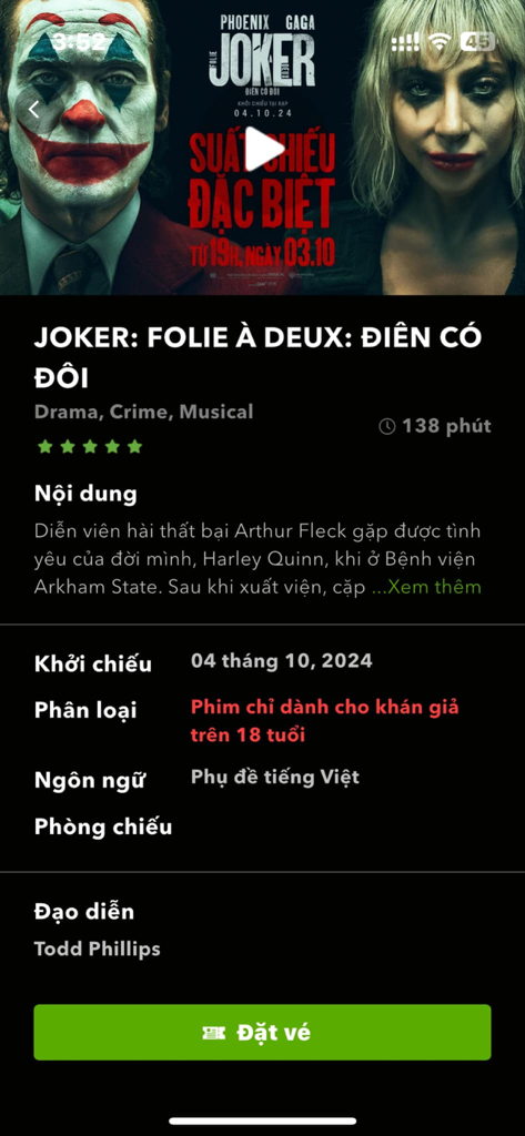 BHD Star Cineplex app interface displaying movie information for Joker Folie a Deux with a ticket booking button
