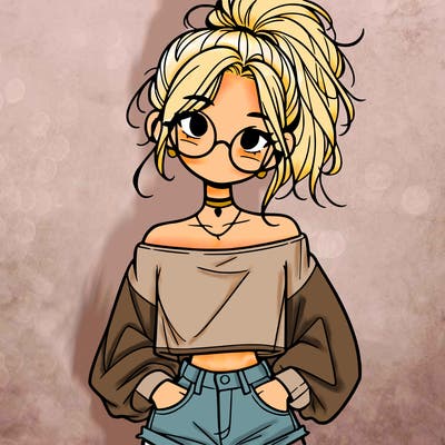 girl with a messy ponytail glasses a baggy crop top and jean shorts