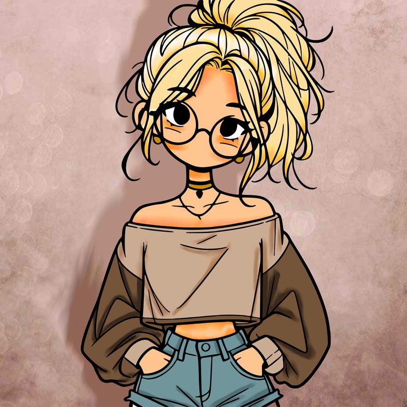girl with a messy ponytail glasses a baggy crop top and jean shorts