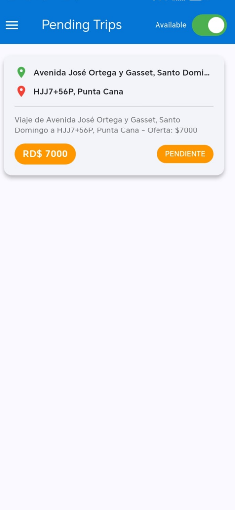 Driver interface of the Punta Cana Rides Lux app showing a pending trip request from Santo Domingo to Punta Cana with a price offer of 7000 RD.