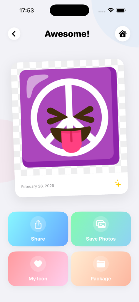 Emoji Maker - Personal Creator - Interface of the Emoji Maker app showing a custom purple peace sign sticker with options to share and save