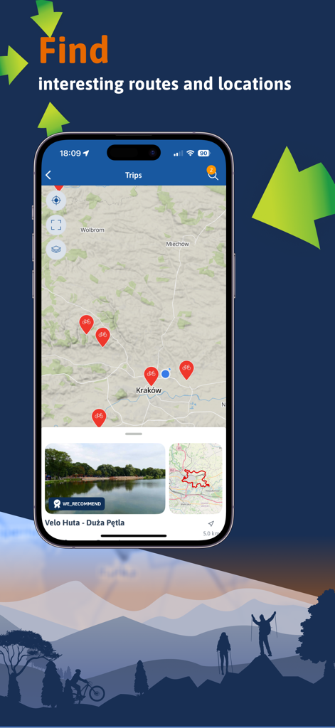 Traseo mobile app interface showing a map with cycling route markers and recommended trip cards
