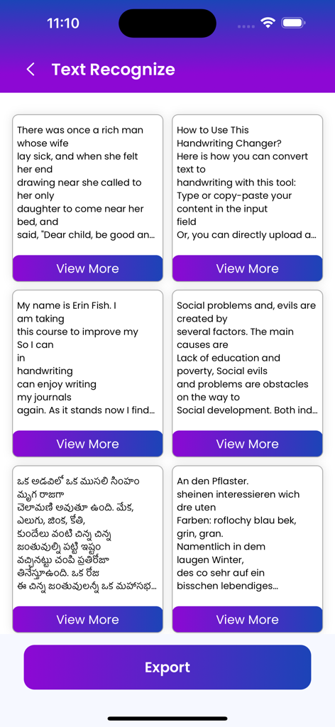 Image to Text Scanner OCR Scan - Una interfaz de aplicación móvil que muestra múltiples tarjetas con texto reconocido en diferentes idiomas, incluyendo inglés y telugu, con un botón de exportación en la parte inferior.