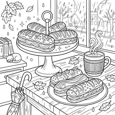 Indulge in a sweet coloring adventure with this charming scene of delicious éclairs, perfect for a cozy rainy day indoors. Escape the weather and add your favorite hues to these delightful pastries and their comforting surroundings.