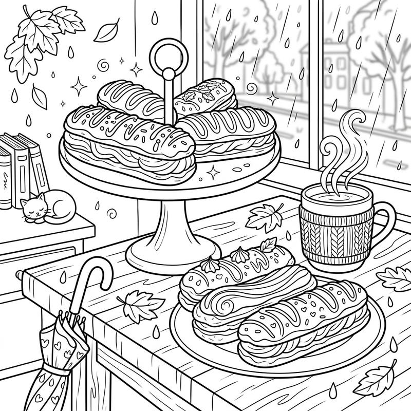 Indulge in a sweet coloring adventure with this charming scene of delicious éclairs, perfect for a cozy rainy day indoors. Escape the weather and add your favorite hues to these delightful pastries and their comforting surroundings.