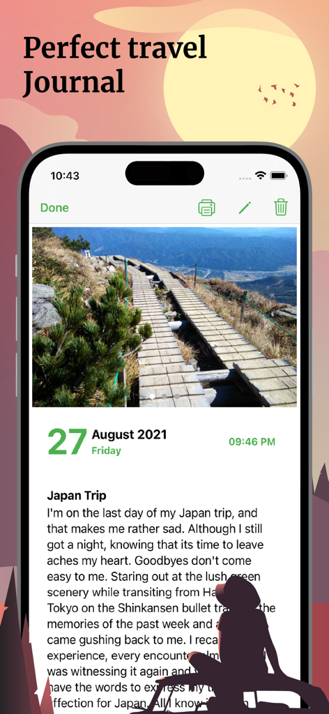 Daybook: AI Journal & Diary - Daybook app interface showing a travel journal entry for a Japan trip with a photo and text description