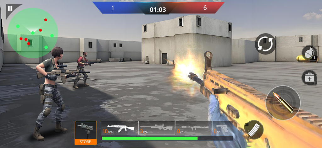 In-game action scene of FPS Counter PVP Shooter showing team combat in an urban 3D environment with first-person rifle perspective.