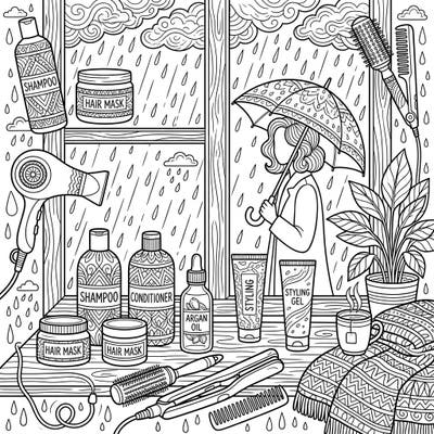 Curl up indoors with this delightful haircare coloring page, featuring all your favorite products against a serene rainy day backdrop. It's the perfect way to unwind and embrace some creative self-care.