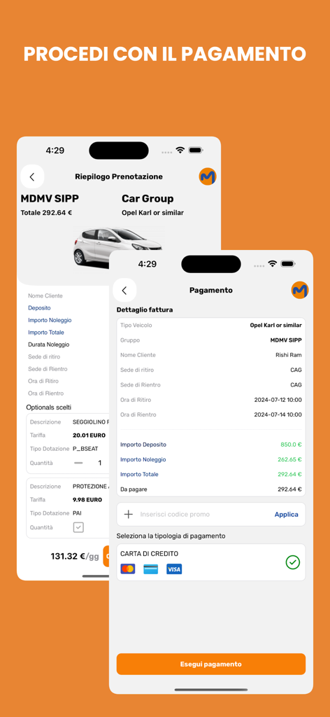 MOVENTUR - A mobile interface for the Moventur app showing a car rental booking summary and payment details including credit card selection.