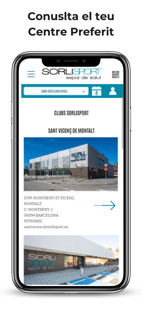 Ecrã da aplicação Sorli Sport a mostrar uma lista de centros desportivos com fotos e informações de contacto