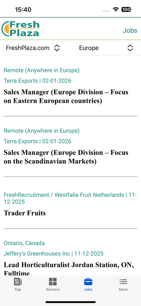 FreshPublishers.com - Annunci di lavoro B2B per il settore dei prodotti freschi e dell'orticoltura nella sezione FreshPlaza dell'app