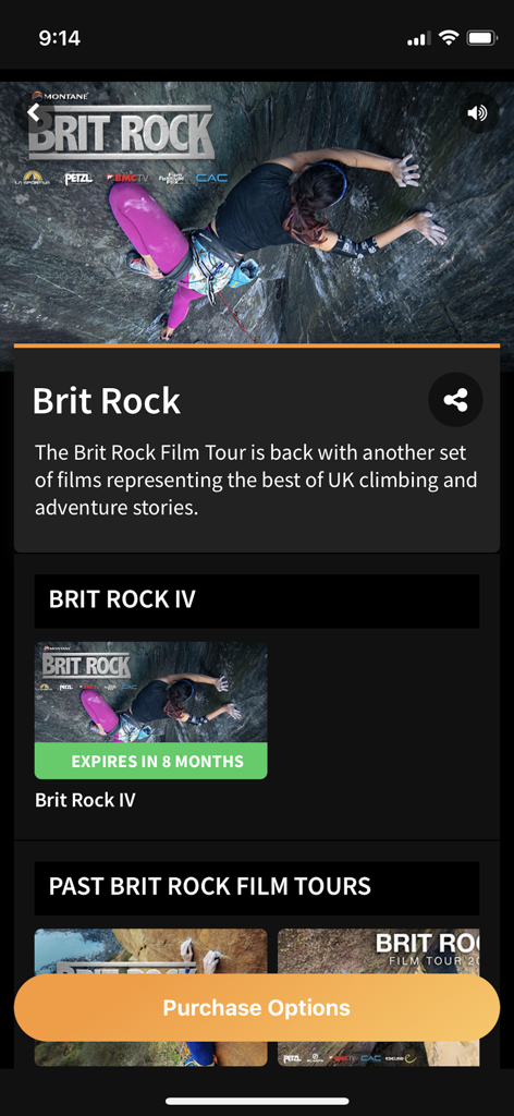 Film Festival Flix app interface showing the Brit Rock climbing film tour collection