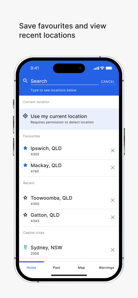 BOM Weather app interface showing the search screen with favorite and recent Australian locations listed