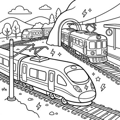 Get ready for an exciting journey with our dynamic electric trains coloring page! Perfect for young engineers, this engaging design invites kids to bring a bustling railway scene to life with their favorite colors.