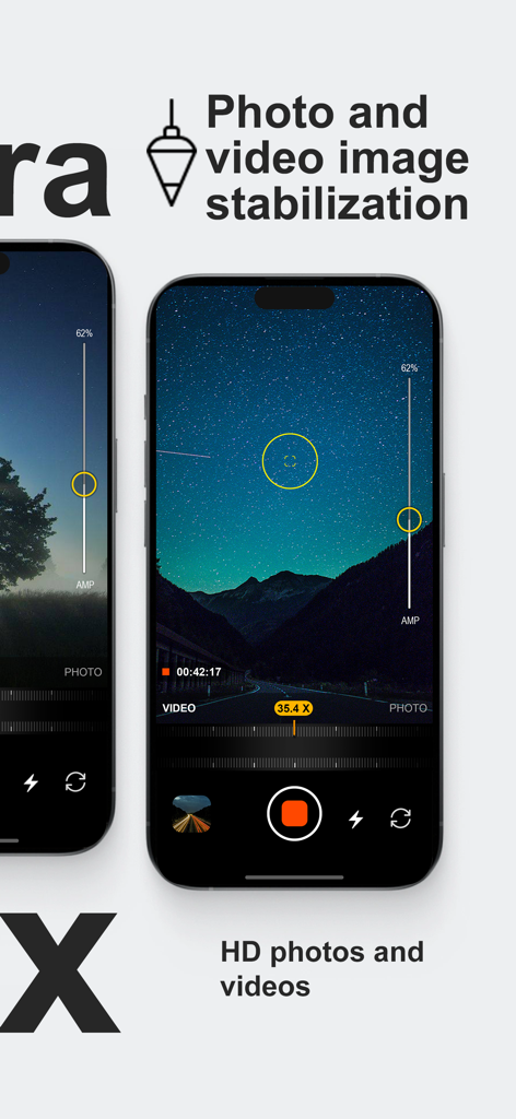 iPhone-Bildschirm, der die Benutzeroberfläche der Fernglas 50x Zoom App mit Bildstabilisierung und einer stark vergrößerten Ansicht eines Sternenhimmels über Bergen zeigt.