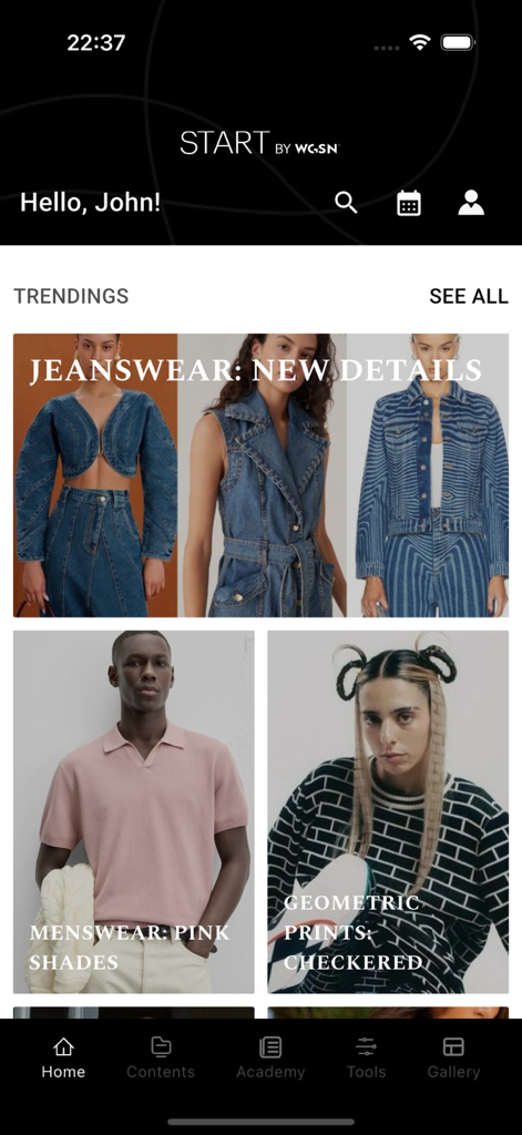 START by WGSN - Home screen of the START by WGSN app displaying fashion trend insights for jeanswear and menswear.