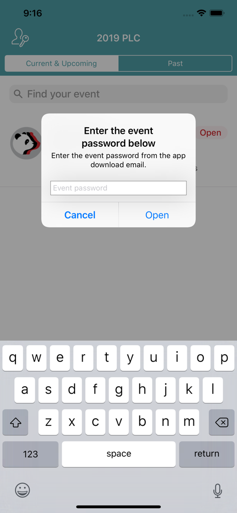 2019 Panda Leaders Conference - Mobile screen showing a password prompt to access the 2019 Panda Leaders Conference event content
