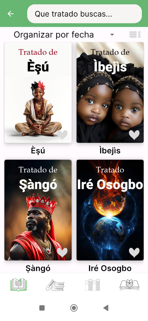 Interface da biblioteca do aplicativo Tratados Ifa Orisha mostrando capas de livros religiosos digitais para Esu Ibejis e Sango