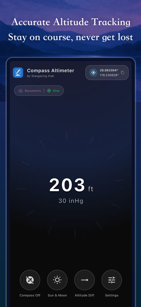 Compass Altimeter: Sun & Moon - Compass Altimeter app interface showing altitude in feet and barometric pressure against a mountain landscape background