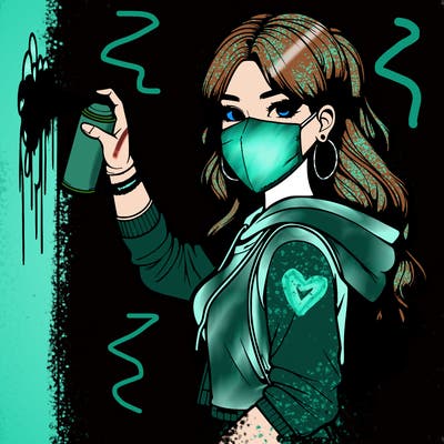 realistic girl with mask spray painting a wall