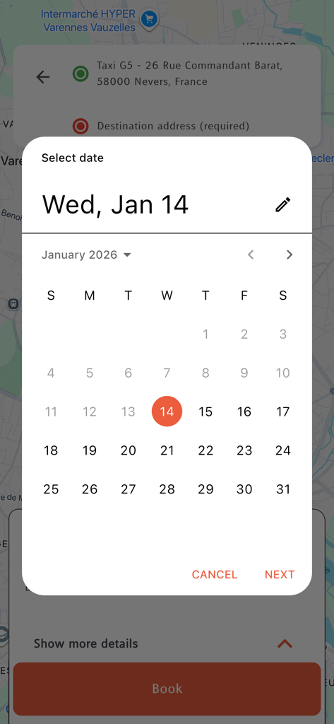Taxi G5 - Taxi G5 app interface for selecting a taxi booking date