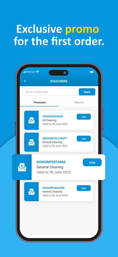 OKHOME - OKHOME-App-Oberfläche, die exklusive Rabattgutscheine und Sonderangebote für Haushaltsreinigungsservices anzeigt.