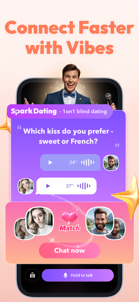 Interfaccia dell'app WooPlus che mostra la funzione blind date di Spark Dating con messaggi vocali e notifica di match