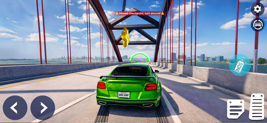 Race Master Car Racing Games - A green sports car driving on a suspension bridge towards a city skyline in Race Master Car Racing Games.