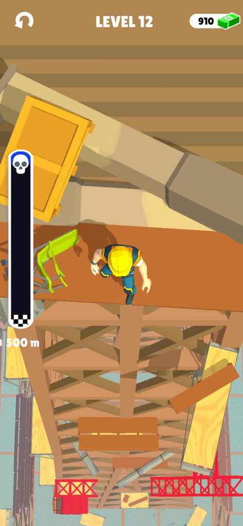Ragdoll Fall: Break the Bones! - A ragdoll character wearing a construction worker skin standing on a high platform above a building site
