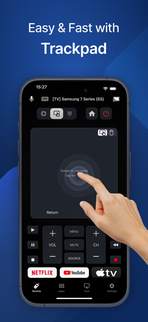 Smart Remote for Sam TV - Interfaz de iPhone de la aplicación Control Remoto Inteligente que muestra un área grande de trackpad para una fácil navegación de un Smart TV Samsung