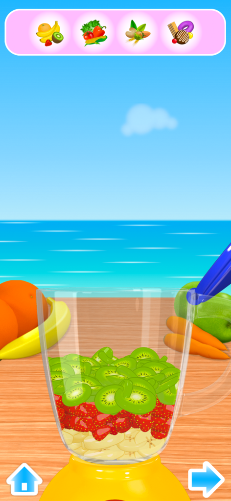Smoothie Maker Deluxe - Fruit slices being layered in a blender inside the Smoothie Maker Deluxe app