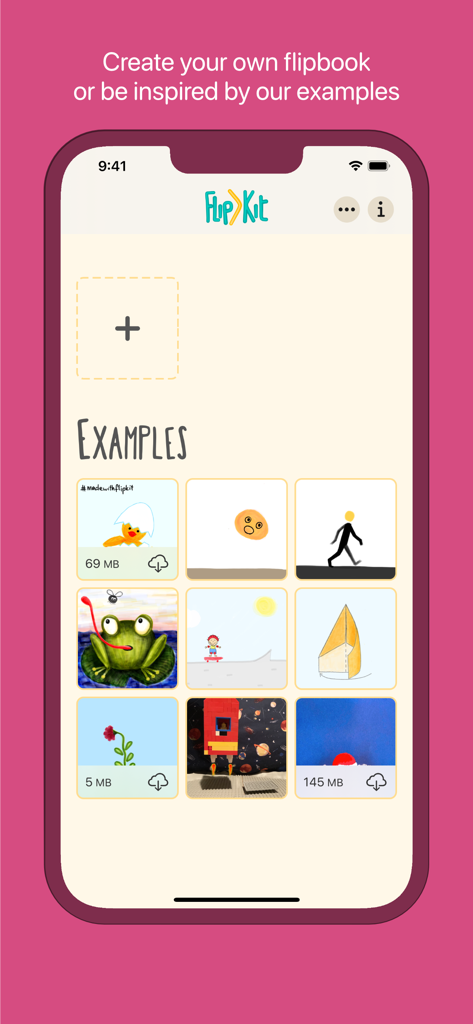 FlipKit animation maker home screen showing examples of digital drawings and flipbooks