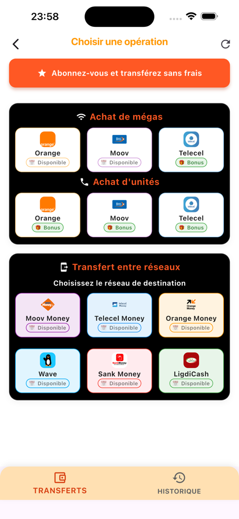 Faris - Interface of the Faris app showing options for mobile money transfers and airtime purchases for Burkinabe networks like Orange Moov and Wave