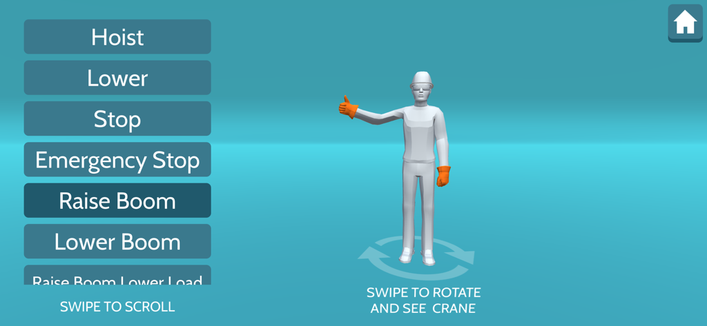 Construction Crane Signals - A 3D model of a signal person demonstrating crane hand signals next to an interactive command menu.