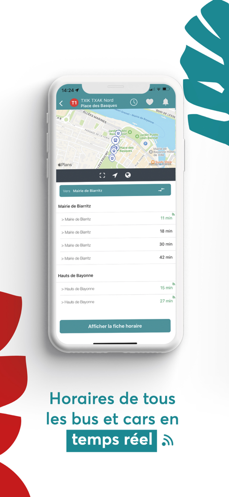 TXIK TXAK - Horaires d'arrivée des bus en temps réel et carte de transport sur l'interface de l'application TXIK TXAK.