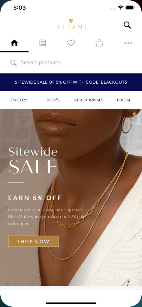 Virani Jewelers mobile app homepage featuring a 22K gold jewelry sitewide sale banner
