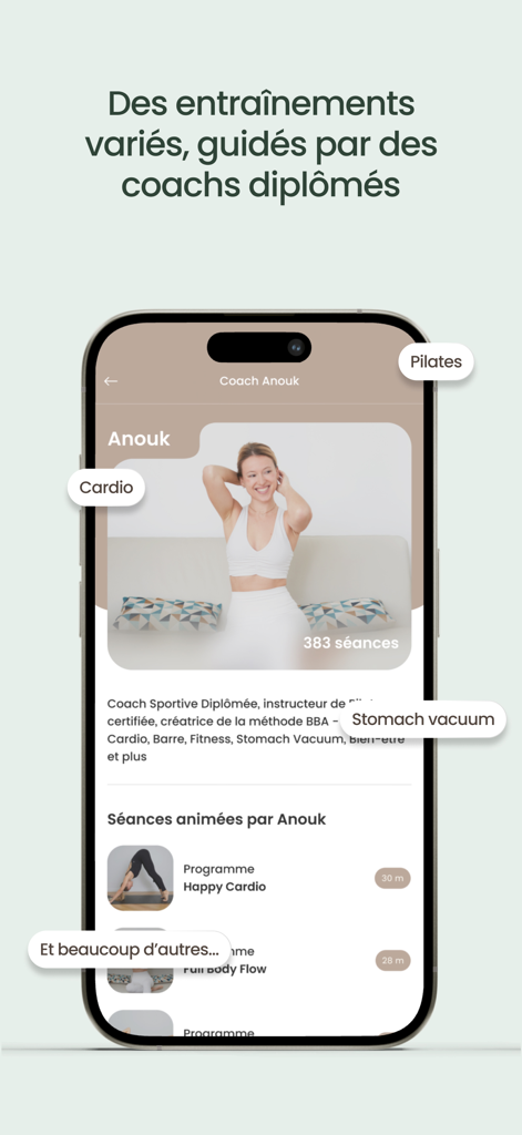 BBA Studio - Interface de l'application de fitness BBA Studio affichant diverses catégories d'entraînements comme le Pilates et le Cardio, dirigés par des coachs certifiés.