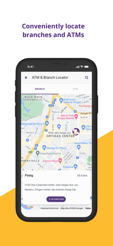 CitySavings Mobile app screen showing the ATM and branch locator feature with a map of Pasig City