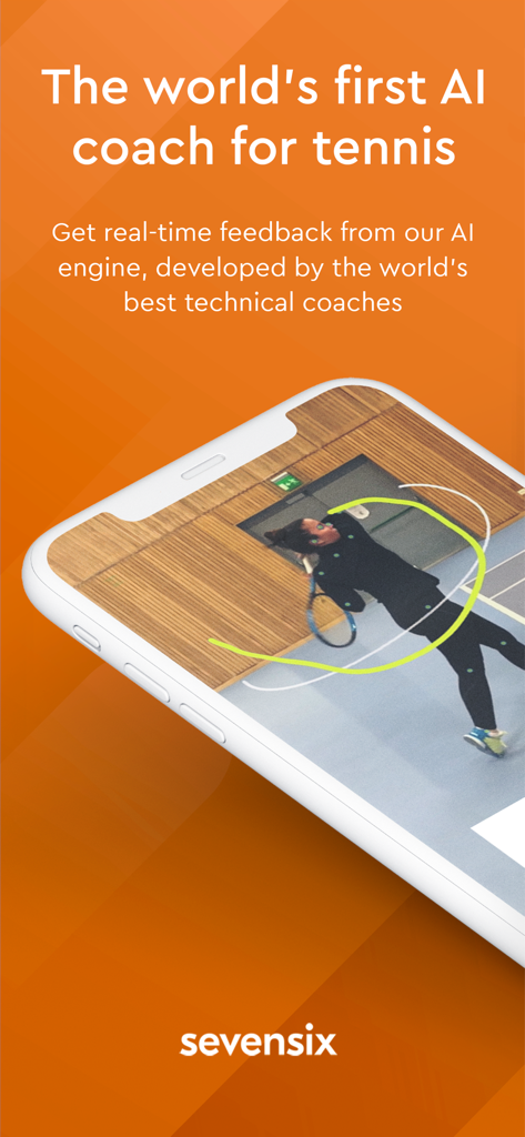 sevensix – Tennis AI Coach - Smartphone screen showing sevensix tennis AI coach analyzing a swing with motion tracking