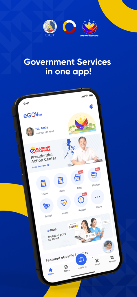 Startbildschirm der eGovPH Mobile App mit Regierungsdiensten wie Reiseverkehr und digitaler ID